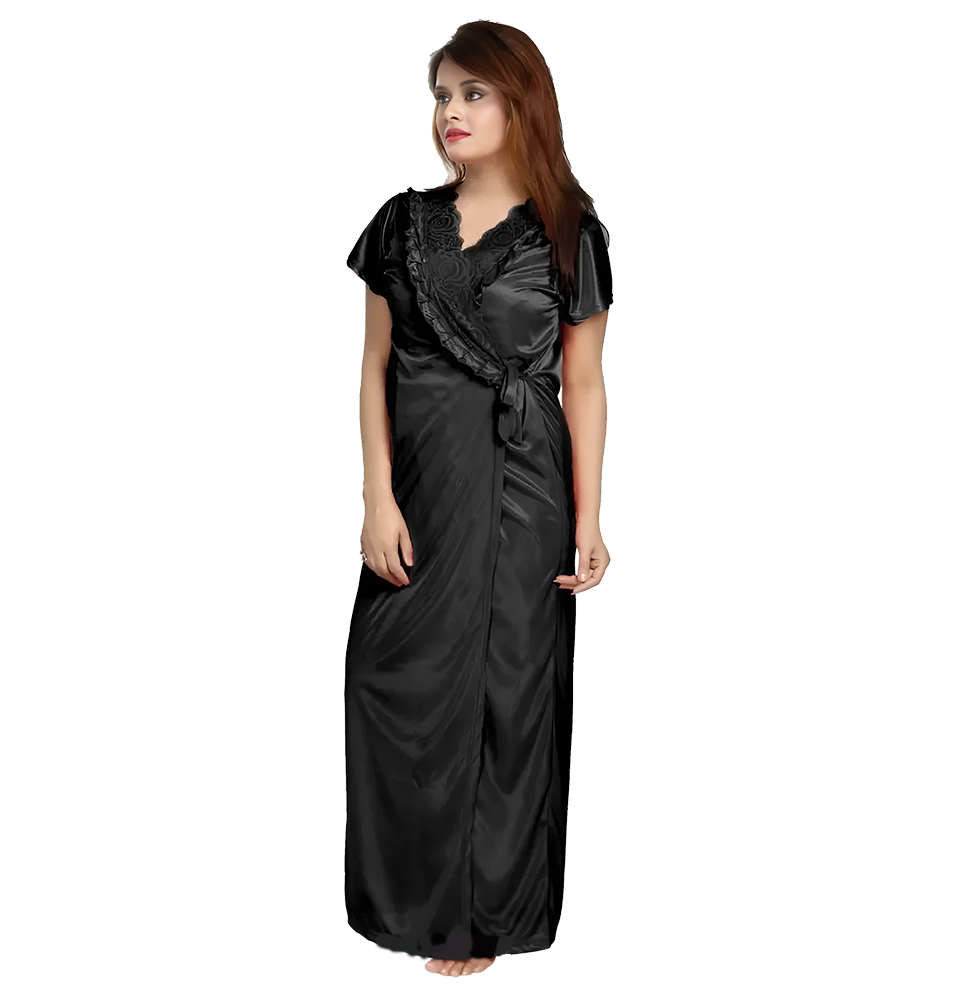 Elegant Black Satin Solid Nighty Set For Women