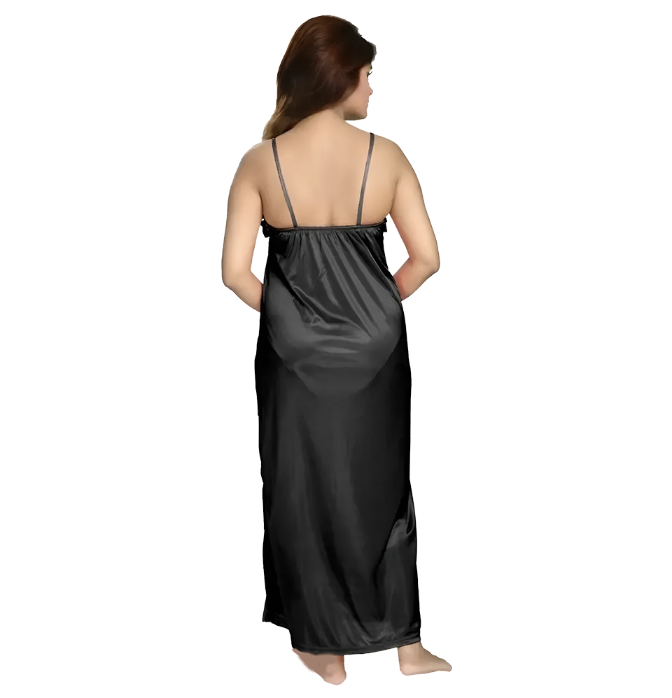 Elegant Black Satin Solid Nighty Set For Women