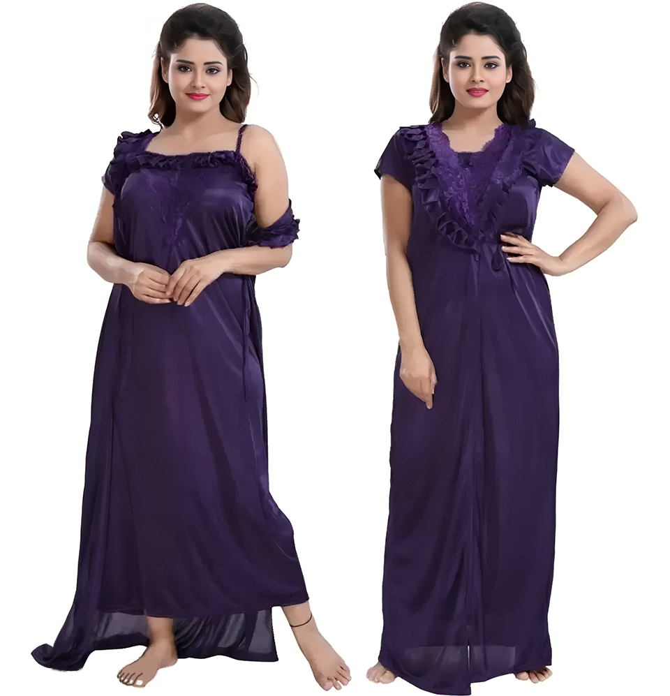 Satin Two Piece Pruple Coloured Nighty With Robe