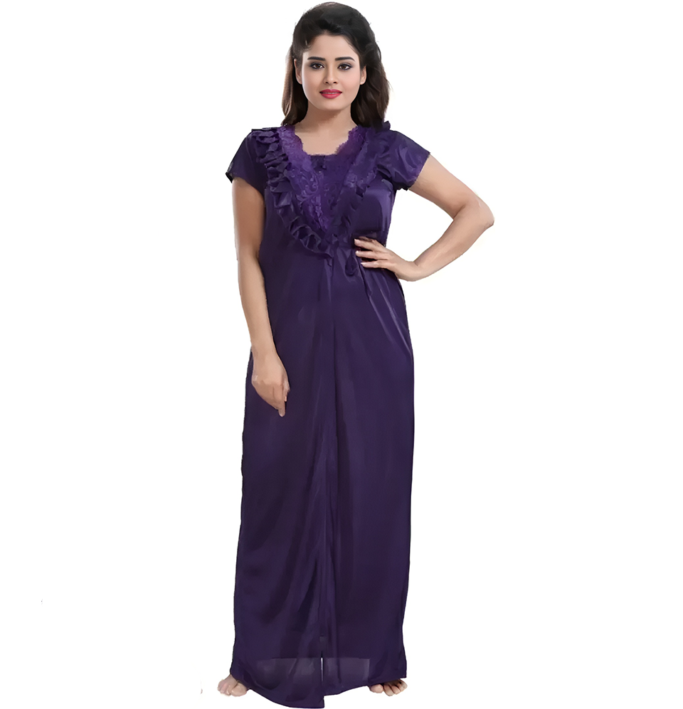 Satin Two Piece Pruple Coloured Nighty With Robe