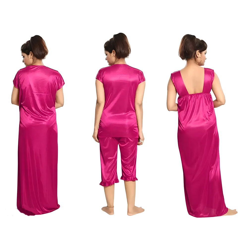 Romaisa Women's Satin Solid Maxi Length Nighty, Wrap Gown, Bra and Thong (FP430-320_Red_Free Size) (Nightwear Set Pack of 4)