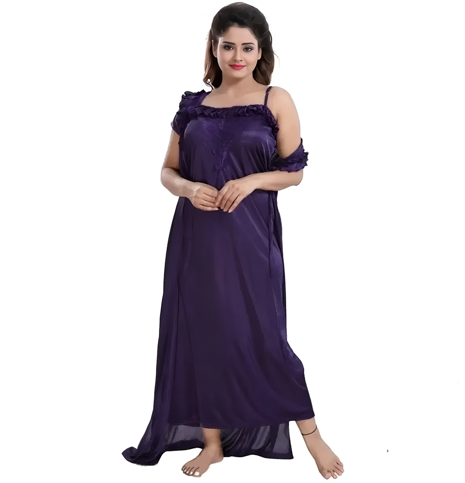 Satin Two Piece Pruple Coloured Nighty With Robe