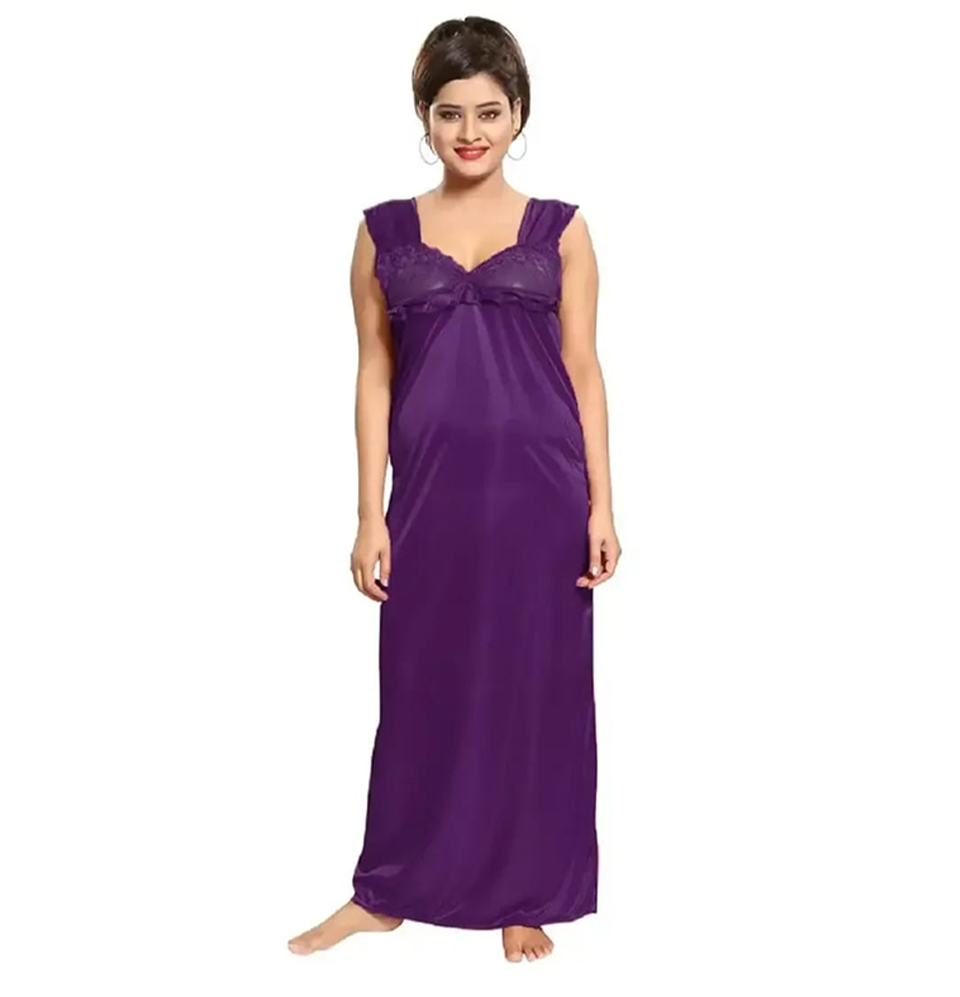 Romaisa Women's Satin Solid Maxi Length Nighty, Wrap Gown