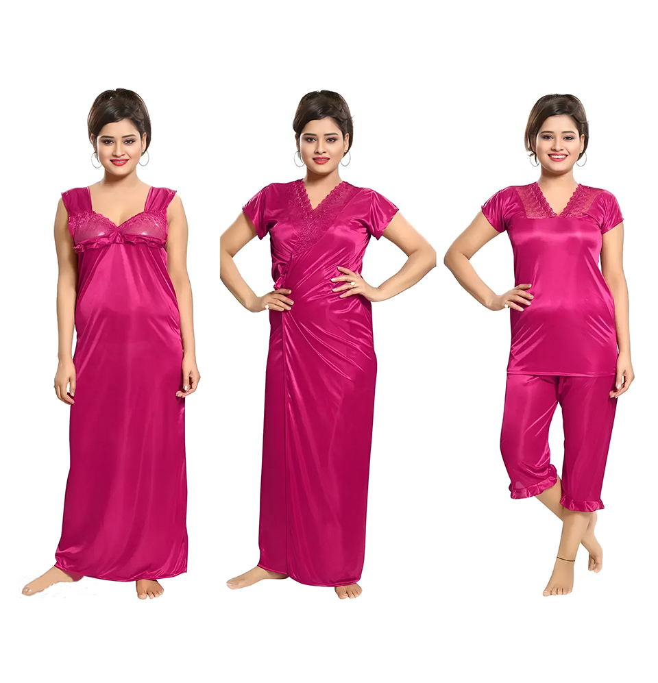 Romaisa Women's Satin Solid Maxi Length Nighty, Wrap Gown, Bra and Thong (FP430-320_Red_Free Size) (Nightwear Set Pack of 4)