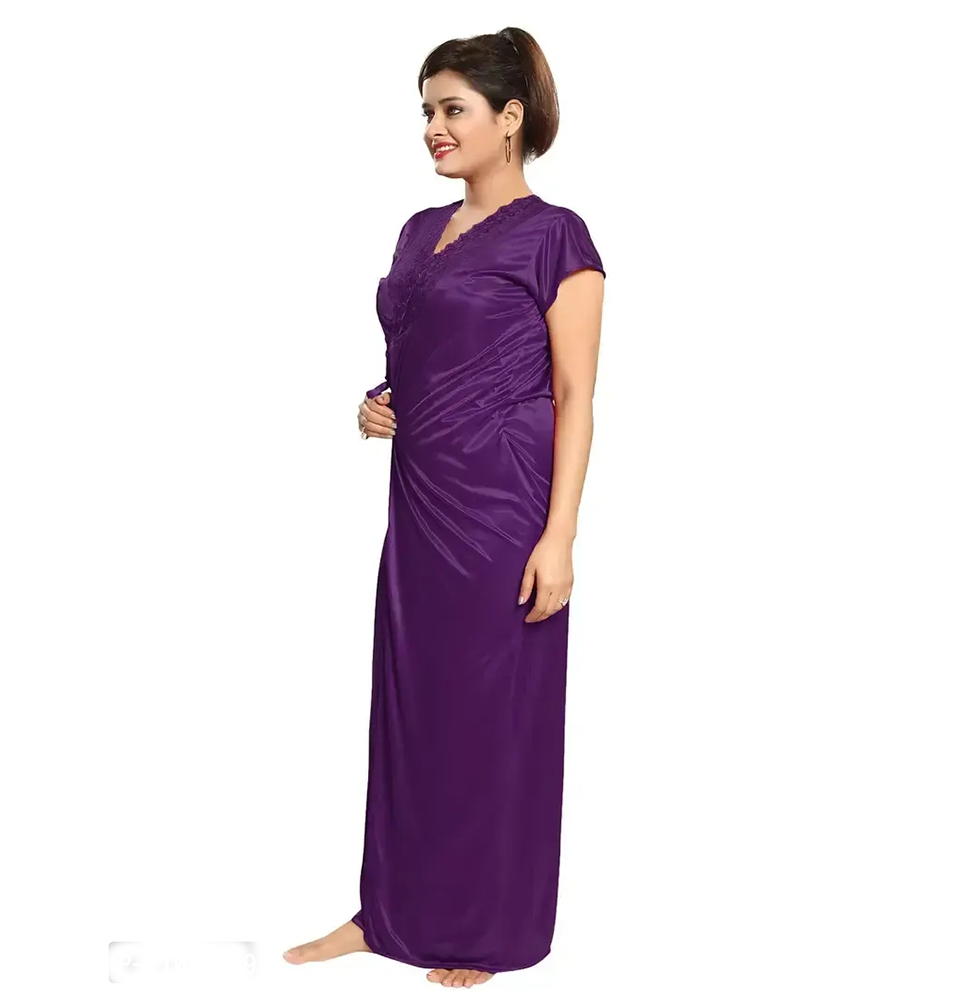 Romaisa Women's Satin Solid Maxi Length Nighty, Wrap Gown