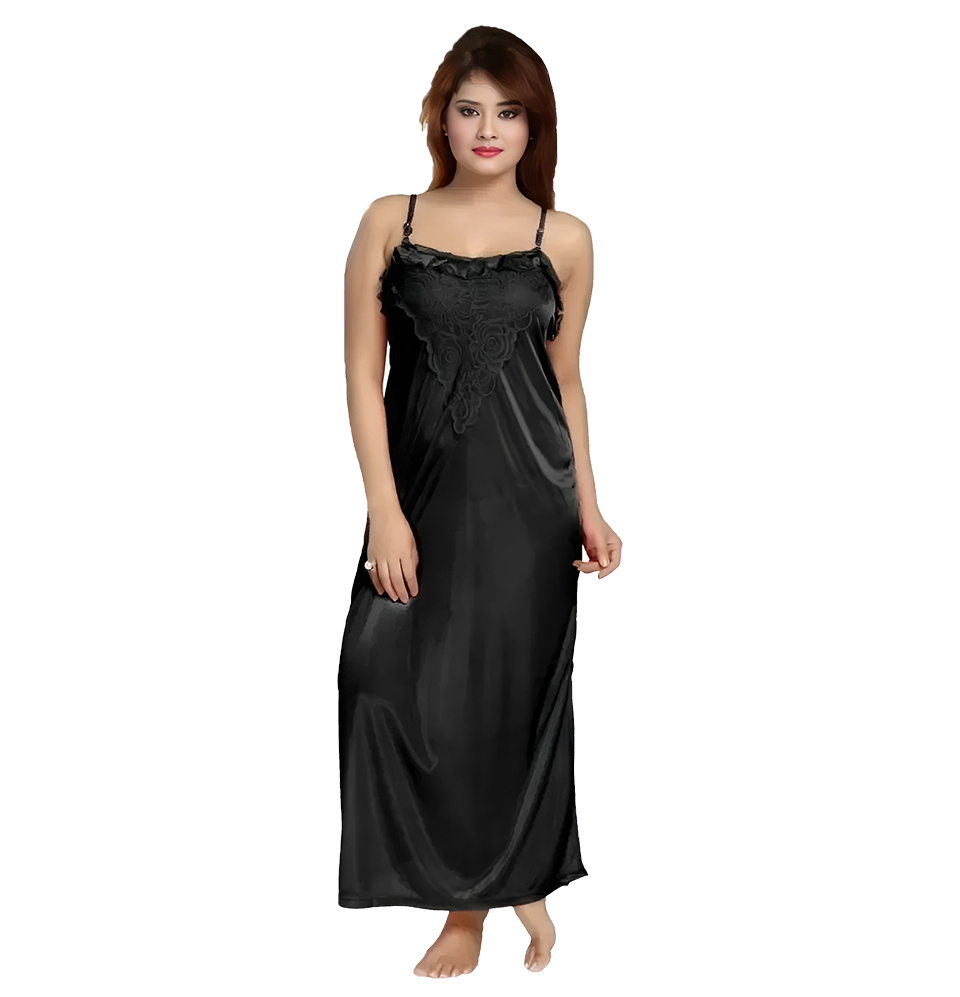 Elegant Black Satin Solid Nighty Set For Women