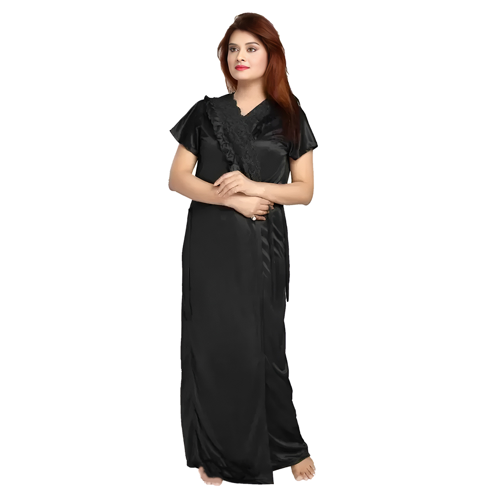 Elegant Black Satin Solid Nighty Set For Women