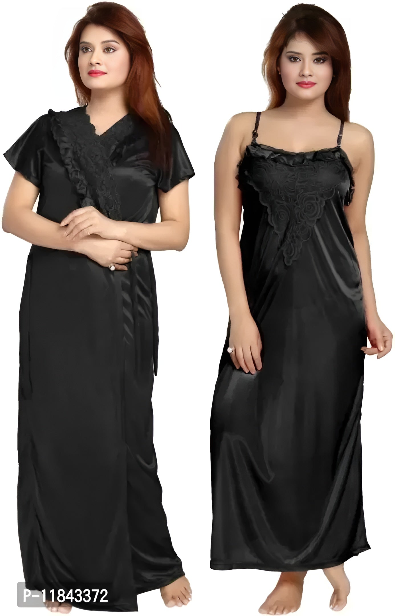 Elegant Black Satin Solid Nighty Set For Women