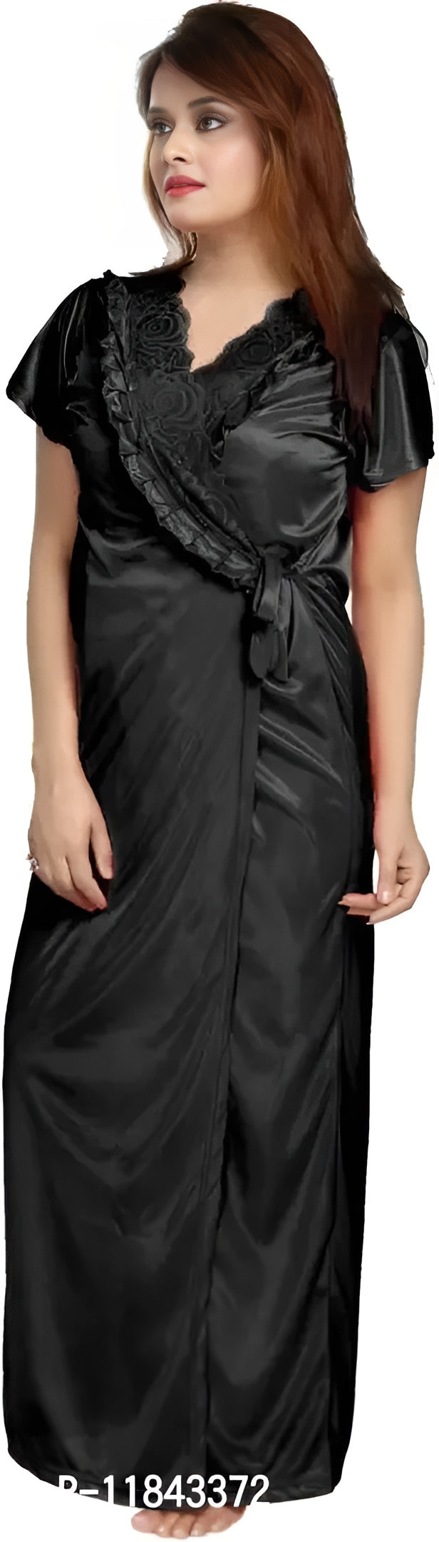 Elegant Black Satin Solid Nighty Set For Women